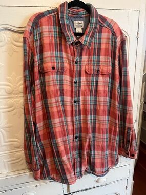 L.L. Bean Coral and Teal Plaid Flannel Shirt